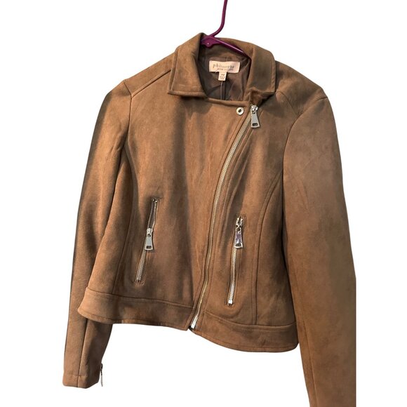 Philosophy Tan Faux Suede Moto Jacket WomenS Size S With Asymmetrical Zipper Clo - Picture 2 of 4
